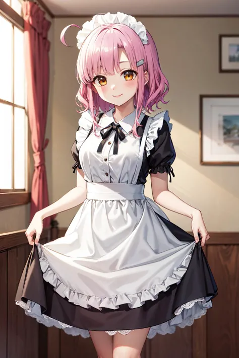 masterpiece,best quality,highres,ultra-detailed,sakura megumi,ahoge,long hair,hairclip,<lora:sakura_megumi:0.8>,indoors,cafe,maid,maid headdress,apron,(skirt hold:1.2),standing,cowboy shot,smile,