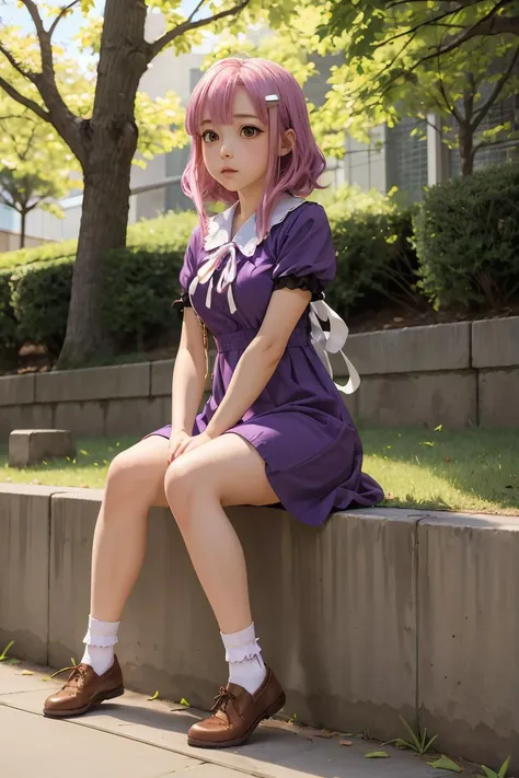(masterpiece, best quality), 1girl, <lora:sakura_megumi:1> sakura megumi,ahoge,long hair,hairclip,cross necklace,ribbon,purple dress,short sleeves,socks,white socks,shoes,brown footwear,