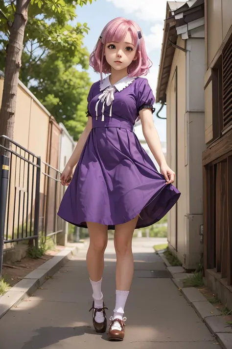 (masterpiece, best quality), 1girl, <lora:sakura_megumi:1> sakura megumi,ahoge,long hair,hairclip,cross necklace,ribbon,purple dress,short sleeves,socks,white socks,shoes,brown footwear,