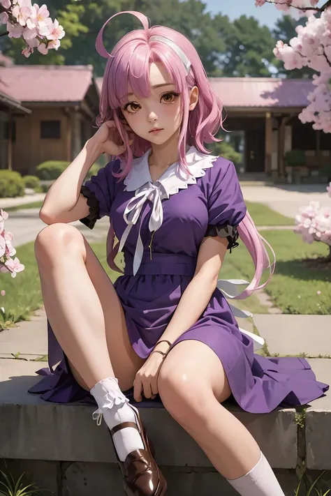 (masterpiece, best quality), 1girl, <lora:sakura_megumi:1> sakura megumi,ahoge,long hair,hairclip,cross necklace,ribbon,purple dress,short sleeves,socks,white socks,shoes,brown footwear,