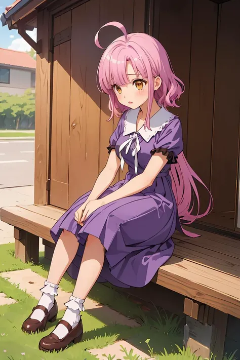 (masterpiece, best quality), 1girl, <lora:sakura_megumi:1> sakura megumi,ahoge,long hair,hairclip,cross necklace,ribbon,purple dress,short sleeves,socks,white socks,shoes,brown footwear,