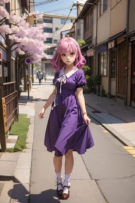 (masterpiece, best quality), 1girl, <lora:sakura_megumi:1> sakura megumi,ahoge,long hair,hairclip,cross necklace,ribbon,purple dress,short sleeves,socks,white socks,shoes,brown footwear,