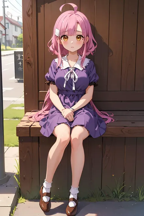(masterpiece, best quality), 1girl, <lora:sakura_megumi:1> sakura megumi,ahoge,long hair,hairclip,cross necklace,ribbon,purple dress,short sleeves,socks,white socks,shoes,brown footwear,