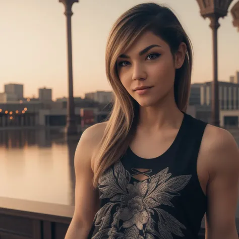 Best_QualityPos, RAW photo, intricate details, best quality, 8k uhd, soft lighting, 1girl, solo, black tank top <lora:Elizabeth_Halen:0.7>