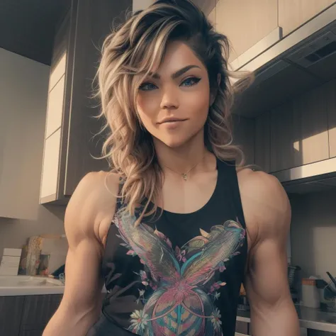 Best_QualityPos, RAW photo, intricate details, best quality, 8k uhd, soft lighting, 1girl, solo, black tank top <lora:Elizabeth_Halen:1>