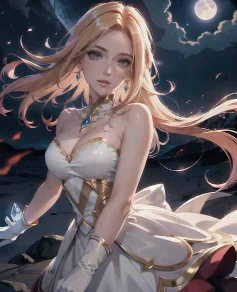 hair red gradient blonde, night sky, detailed face, face focus, shiny skin, game cg, nigh sky, moonlight, moon, white gloves, magical girl beauty in dress glass, Intricate Surface Detail, Crystal Core , Ethereal Fantasy, Realistic, Fiction, Full-HD, 8K Photo