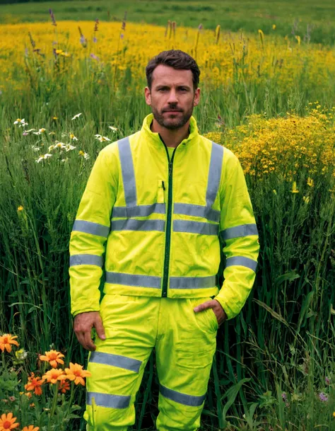 (ral-highvis), ( portrait of, Abandoned barnyard, Wildflowers reclaim the space, Nature's slow return :.8)