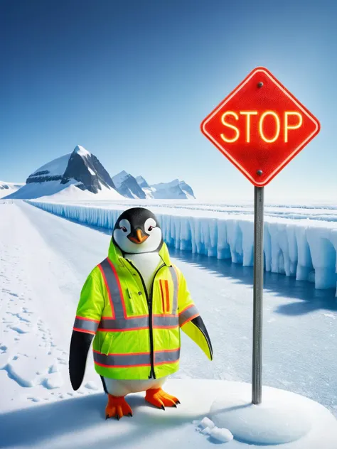 a penguin wearing a ral-highvis jacket, standing in the frozen tundra, holding a red stop sign <lora:ral-highvis-sdxl:1>