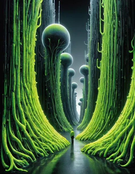 professional photograph of a bizarre otherworldly landscape by Katsuhiro Otomo and Yoji Shinkawa and TaiyÅ Matsumoto and Jaume Plensa , bold lines, hyper detailed, dark limited palette, chiaroscuro, (intricate details, masterpiece, best quality:1.4), ral-highvis <lora:ral-highvis-sdxl:1>