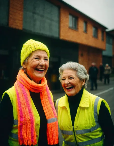 (ral-highvis), ( old ladies laughing, wearing knitted scarf :.8)