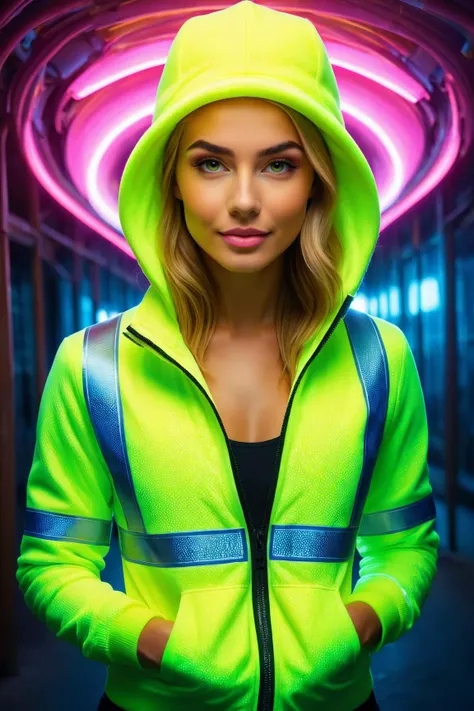 by Kelly Mckernan and Anatoly Metlan and Edward Lamson Henry in the style of Natalia Rak and Jeannette Guichard Bunel, cute fit 18 year old woman, ral-highvis <lora:ral-highvis-sdxl:0.60>, chiaroscuro, hot fit body, full body length, cleavage