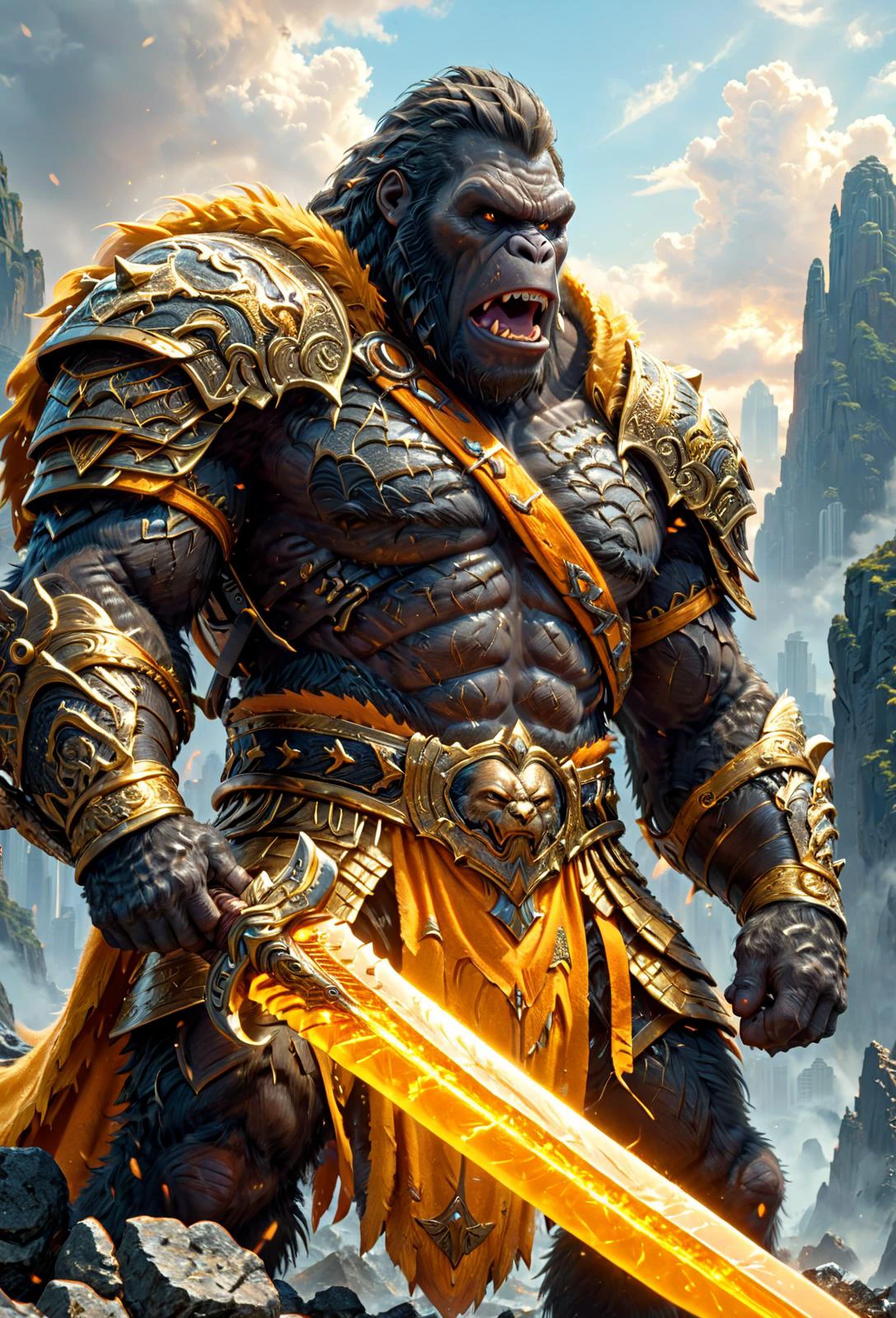 amazing quality, masterpiece, best quality, hyper detailed, ultra detailed, UHD, perfect anatomy,wide-angle lens,
King Kong,(extremely angry:1.2),( roar:1.2), wearing shine gold armor, Pauldrons, holding broadsword, glowing sword, armor with ral-highvis, outdoors, rocky terrain, crown, background light, upper body,
<lora:HKStyle:0.85>, HKStyle,
<lora:add-detail-xl:0.85>,
<lora:quality1:0.85>,
<lora:extremely_detailed:1.5>, extremely detailed,
<lora:ral-highvis-sdxl:0.5>, ral-highvis,
<lora:fluffy:1.0>, fluffy,
