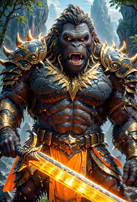 amazing quality, masterpiece, best quality, hyper detailed, ultra detailed, UHD, perfect anatomy,wide-angle lens, 
King Kong,(extremely  angry:1.2),( roar:1.2), wearing shine gold armor, Pauldrons, holding broadsword, glowing sword, armor with ral-highvis, outdoors, rocky terrain, crown, background light, upper body,
<lora:HKStyle:0.85>, HKStyle,
<lora:add-detail-xl:0.85>,
<lora:quality1:0.85>,
<lora:extremely_detailed:1.5>, extremely detailed, 
<lora:ral-highvis-sdxl:0.5>, ral-highvis, 
<lora:fluffy:1.0>, fluffy,