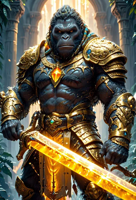 amazing quality, masterpiece, best quality, hyper detailed, ultra detailed, UHD, perfect anatomy,wide-angle lens, 
King Kong, wearing shine gold armor, holding broadsword, glowing sword, armor with ral-highvis, outdoors, crown, background light,
<lora:HKStyle:0.85>, HKStyle,
<lora:add-detail-xl:1.2>,
<lora:quality1:0.75>,
<lora:extremely_detailed:1.0>, extremely detailed, 
<lora:ral-highvis-sdxl:0.5>, ral-highvis, 
<lora:fluffy:1>, fluffy,