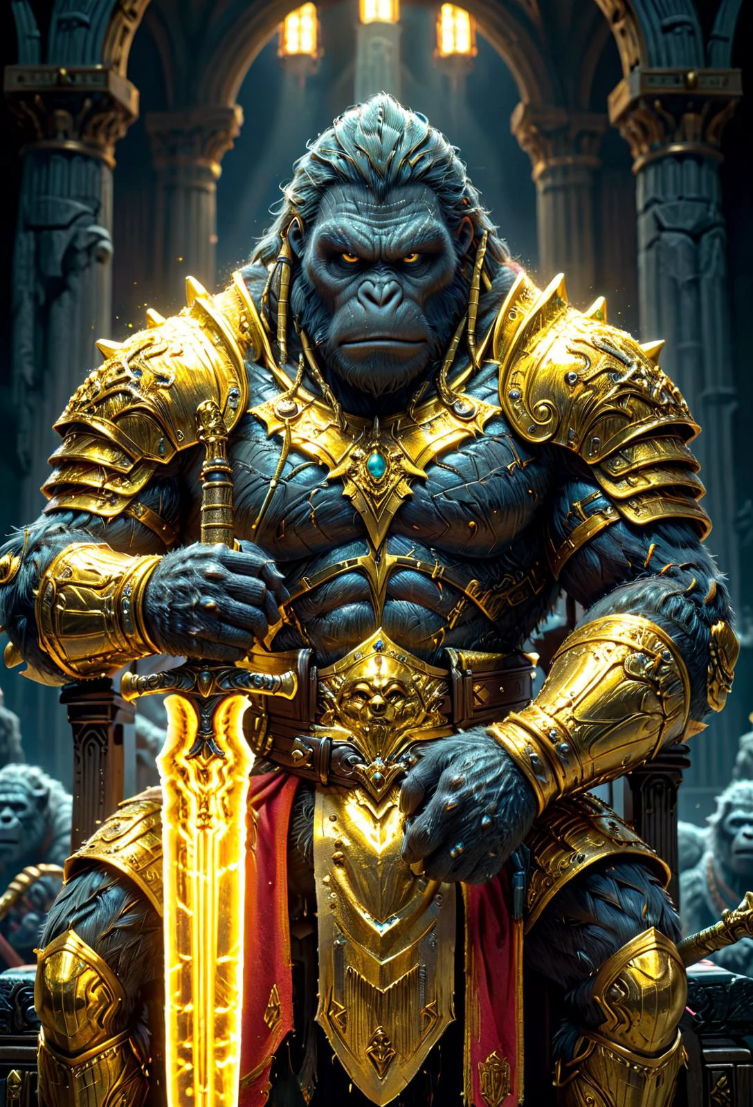 amazing quality, masterpiece, best quality, hyper detailed, ultra detailed, UHD, perfect anatomy,wide-angle lens,
King Kong, wearing shine gold armor, holding broadsword, glowing sword, armor with ral-highvis, sitting, king's chair, crown,
<lora:HKStyle:0.85>, HKStyle,
<lora:add-detail-xl:1.2>,
<lora:quality1:0.75>,
<lora:extremely_detailed:1.0>, extremely detailed,
<lora:ral-highvis-sdxl:0.75>, ral-highvis,
<lora:fluffy:1>, fluffy,