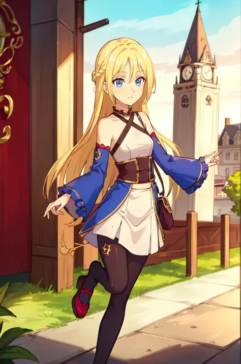 <lora:WITCH-Earth:0.55>, absurdres, ultra detailed, masterpiece, best quality, aesthetic, detailed,, solo, soft smile, light smile,
katya1, 1girl, blue eyes, very long hair, blonde hair, long blonde hair, french braid, bangs, medium breasts,, hair ribbon, frilled choker, criss-cross halter, sleeveless dress, high-waist skirt, backless dress, waist bow, detached sleeves, frilled sleeves, wide sleeves, pantyhose, patterned legwear, mary janes,