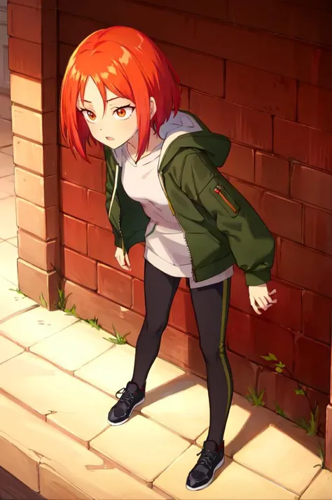 <lora:WITCH-Earth:0.55>, absurdres, ultra detailed, masterpiece, best quality, aesthetic, detailed,, solo, 1girl, red hair, orange eyes, amber eyes, swept bangs, parted bangs, <lora:LowTwintailsHelper:1> low twintails,
short hair, medium hair, small breasts, <lora:Tsurime3:1>, (tsurime:1.2),, leggings, leather jacket, long shirt, combat boots, hoodie,