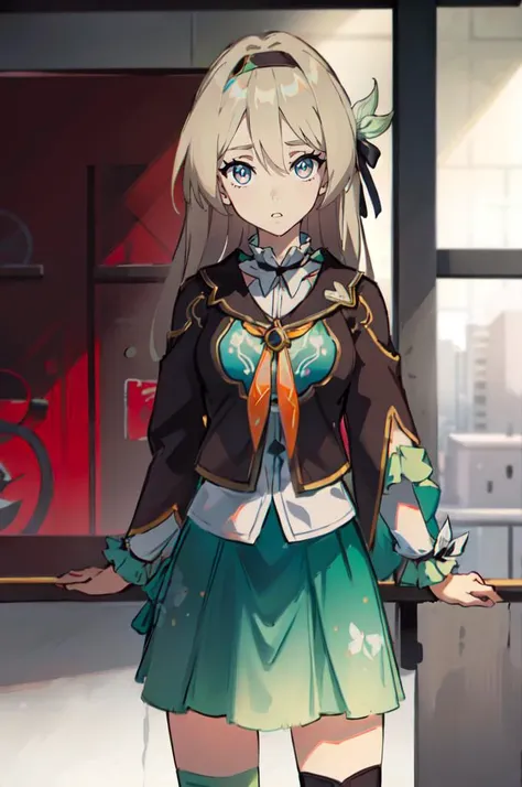 solo, cowboy shot, <lora:WITCH-BlipTest2:0.7>   <lora:firefly-v2-kozue:0.8> 1girl, blue eyes, grey hair, long hair, hair ornament, black hairband, long sleeves, green skirt, green thighhighs,, absurdres, ultra detailed, masterpiece, best quality, aesthetic, detailed,