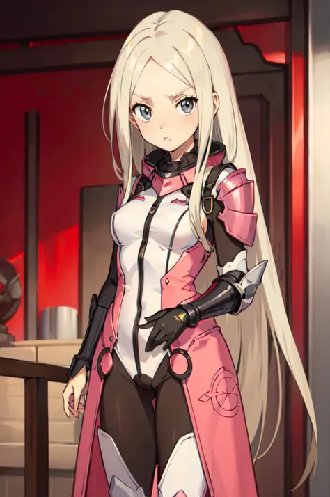 <lora:WITCH-BlipTest2:0.7>, absurdres, ultra detailed, masterpiece, best quality, aesthetic, detailed,, serious, 1girl, (white eyes:1.1), (grey eyes:1.3), white hair, very long hair, parted hair, parted bangs, <lora:parted_hair_v1.3:1.3>, medium breasts,, valkyrie, (bodysuit:1.1), pink wing hair ornament, grey armored skirt, black bodysuit, armor, gauntlets, pink breastplate, greaves, armored dress, pink hues,