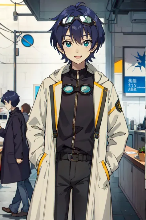 solo, <lora:WITCH-BlipTest2:0.7> (1boy, goggles on head:1.1), blue theme, zipper,, absurdres, ultra detailed, masterpiece, best quality, aesthetic, detailed,, ultra detailed, masterpiece, best quality, solo, smile, 1boy, green eyes, short hair, black hair, bangs, hair between eyes, messy hair, (goggles on head:1.2),, headband, white coat, hooded coat, hood down, open coat, turtleneck, capri pants, pants, black knee boots,
