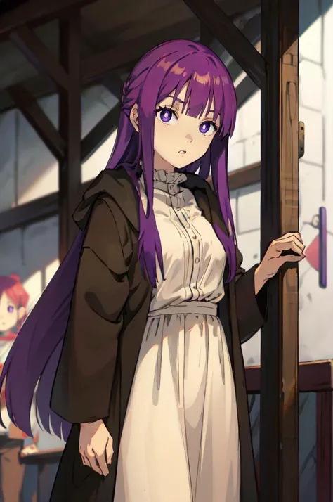 solo, cowboy shot, <lora:WITCH-BlipTest2:0.7> <lora:Fern:1> FernFrieren, very long hair, purple eyes, (purple pupils), white dress, black robe,, absurdres, ultra detailed, masterpiece, best quality, aesthetic, detailed,