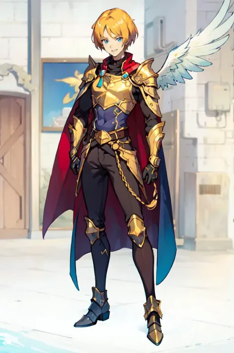 <lora:WITCH-BlipTest2:0.7>, absurdres, ultra detailed, masterpiece, best quality, aesthetic, detailed,, solo, smile, 1boy, blue eyes, medium blonde hair, parted bangs, hair intakes, male focus, muscular male,, armor, pauldrons, cuirass, gauntlets, waist cape, greaves, black bodysuit, surcoat, shoulder sash, wing shoulder armor, cape, pants,