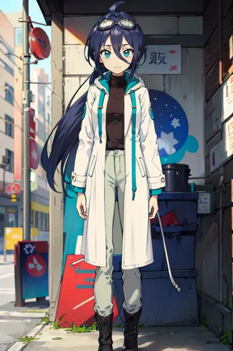 <lora:WITCH-BlipTest2:0.7> (goggles on head:1.2), blue theme,, absurdres, ultra detailed, masterpiece, best quality, aesthetic, detailed,, katya1, solo, smile, 1girl, aqua eyes, black hair, <lora:low_ponytail-1.0:0.7> low ponytail, ahoge, absurdly long hair, very long hair, hair flaps, hair between eyes, bangs, crossed bangs, messy hair, small breasts, goggles on head, closed mouth,, hooded coat, open coat, turtleneck, pants, black knee boots, multiple straps, white coat, layered clothes, hair ribbon, pants under skirt,