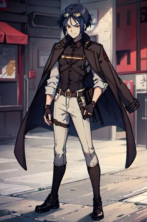 <lora:WITCH-BlipTest2:0.7> (goggles on head:1.2), blue theme,, absurdres, ultra detailed, masterpiece, best quality, aesthetic, detailed,, solo, smug smile, 1boy, red eyes, <lora:Tsurime3:0.7>, (tsurime:1.2), black hair, undercut, top knot, parted bangs, long bangs, bangs, short hair, hair intakes, tall,, <lora:StS-Coat-and-Jacket-On-Shoulders-Iteration2:0.7> dataset, jacket on shoulders, (coat on shoulders:1.3), black coat, dress shirt, sleeves rolled up, fingerless gloves, holster, pants, belt, multiple belts, combat boots, bulletproof vest, tactical clothes,