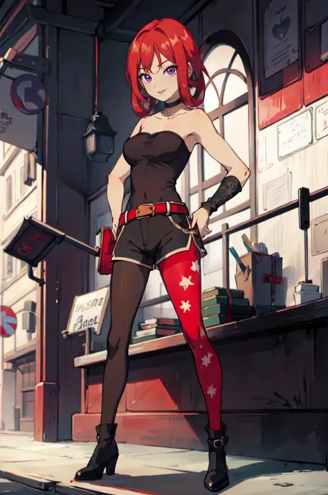 <lora:WITCH-BlipTest2:0.7>, absurdres, ultra detailed, masterpiece, best quality, aesthetic, detailed,, solo, seductive smile, red lips,
1girl, purple eyes, red hair, blunt bangs, large breasts, <lora:hair_rings:1> low hair rings, <lora:EllaNyan:1>,, taut clothes, choker, bandeau, elbow gloves, taut shorts, lowleg shorts, navel, groin tendon, belt, patterned legwear, pantyhose, (pantyhose under shorts:1.2), high heel boots,