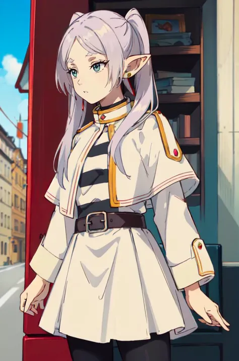 solo, cowboy shot, <lora:WITCH-BlipTest2:0.7> <lora:Frieren:1> FrierenBase, twintails, earrings, white capelet, striped shirt, white skirt, long sleeves, belt, black pantyhose, absurdres, ultra detailed, masterpiece, best quality, aesthetic, detailed,