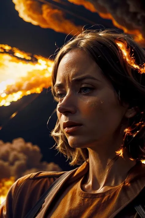 cinematic style,1girl,Emily Blunt,brown clothes,close-up,silhouette,explode,nuclear explosion,flame,solo,surrounded by orange smoke,(orange theme:1.5),outdoors,
masterpiece,best quality,ultra highres,beautiful and detailed skin,<lora:Oppenheimer-000000:1>,