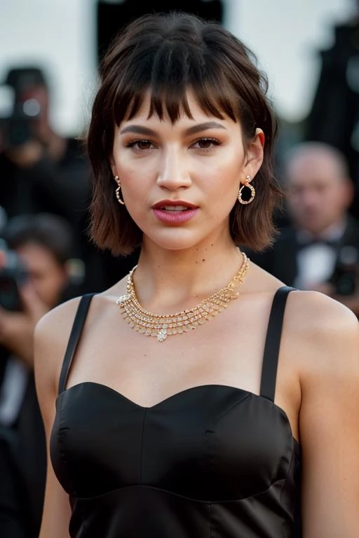 Realistic photo of a beautiful ursul4c-v1 woman, 1girl, solo, short hair, simple background, brown hair, dress, bare shoulders, brown eyes, jewelry, collarbone, upper body, earrings, grey background, black dress, lips, see-through, looking to the side, strapless, realistic, soft lighting, professional Photography, Photorealistic, detailed, RAW, analog, sharp focus, 8k, HD, DSLR, high quality, Fujifilm XT3, film grain, award winning, masterpiece<lora:ursul4c-v1:1.0>