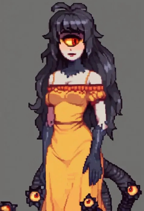 zPDXL, zPDXLxxx, score_9, score_8_up, score_7_up, score_6_up, score_5_up, score_4_up, BREAK StardewValley, Pixel art, <lora:StardewValley:1>, <lora:gazer:0.8> gazer_(monster_girl_encyclopedia), tentacles eyes, 1girl, red eyes, extra eyes, monster girl, one-eyed, colored sclera, yellow sclera, colored skin, dress, upper body, portrait, looking left, standing