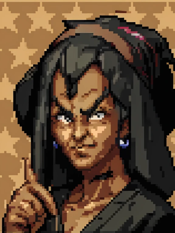 super_punch_out_portrait, witch, black robe, (pointy black hat:1.2), patterned_background,
<lora:Super Punch Out Portraits (SNES):0.8>, 8 bit