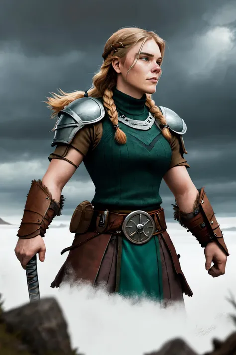 ClaraM_AW, viking armor, braided hair, Fantasy Style, Norse Epic, Norse Mythology, Rugged Landscapes, Thunderous Sky, Rune Symbols