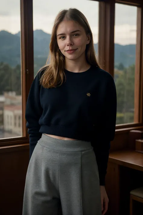 ClaraM_AW, Sweatshirt and culottes with leggings, cinematic still, emotional, harmonious, vignette, highly detailed, high budget, bokeh, cinemascope, moody, epic, gorgeous, film grain, grainy