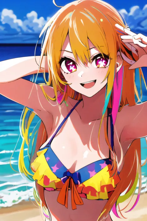 <lora:hoshinorubyanime-000001:0.8>, 1girl, solo, star-shaped pupils in left eye, orange hair, long hair, pink eyes, multicolored bikini, blonde, bangs,happy,posing, multicolored hair, beach background