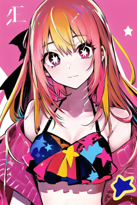 <lora:hoshinorubyv1.1:0.7>, 1girl, solo, star-shaped pupils in left eye, orange hair, long hair, pink eyes, multicolored bikini, blonde, bangs, multicolored hair,