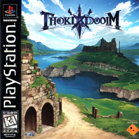 masterpiece,best quality, box art, The Isle of Doom, logo, English text, <lora:PS1BoxArtV1.2:1.0>