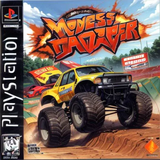 (masterpiece, best quality, highres, absurdres, ultra-detailed:1.3), <lora:PS1BoxArtV1.2:1.0>box art, cover, logo, English text, 1980s /(style/), ((monster trucks, excitement, crushed cars, dirt)) <lora:add_detail_v1:0.9>