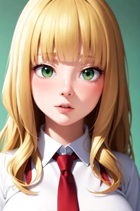 masterpiece, best quality, solo, petite, anime screencap, long hair, wavy hair, blonde hair, blunt bangs, green eyes, large breasts, shirt, surprised, nose blush, narrow waist, necktie, portrait, simple background, bokeh,
