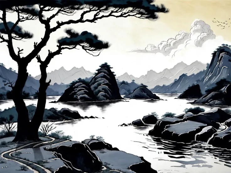 Chinese landscape painting, landscape artistic conception, Zen aesthetics, Zen composition, <lora:20240126-1706253826531:0.8>