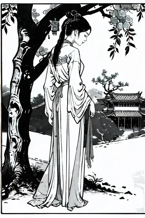 master piece,high quality,a beautiful Chinese girl,long dress,ancient Chinese architecture,peach tree,<lora:ãæç»loraãé»ç½çº¿æ¡ç» çç» _v1.0:1>,