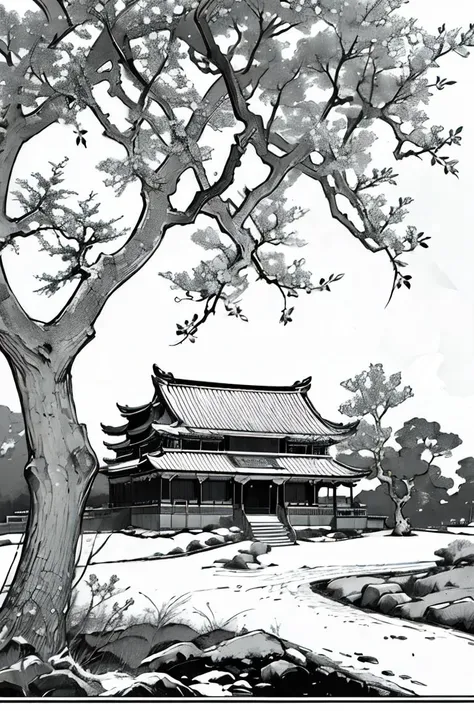 master piece,high quality,fox,tree,ancient Chinese architecture,peach tree,<lora:ãæç»loraãé»ç½çº¿æ¡ç» çç» _v1.0:1>,