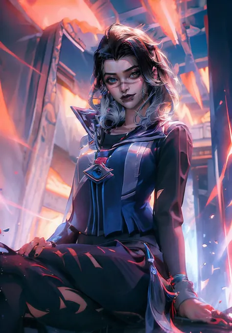 (masterpieace, best quality:1.4), Fade Valorant, 1girl, blue jacket, solo, multicolored hair, piercing, jewelry, black hair, white hair, tattoo, earrings, nose piercing, long hair, two-tone hair, lip piercing, looking at viewer, blue left eye, red right eye, lips, gradient hair, makeup, heterochromia, ear piercing, slim waist, sitting, city, night lights, alone, stars, from below <lora:Fade:1>, <lora:add_detail:1>