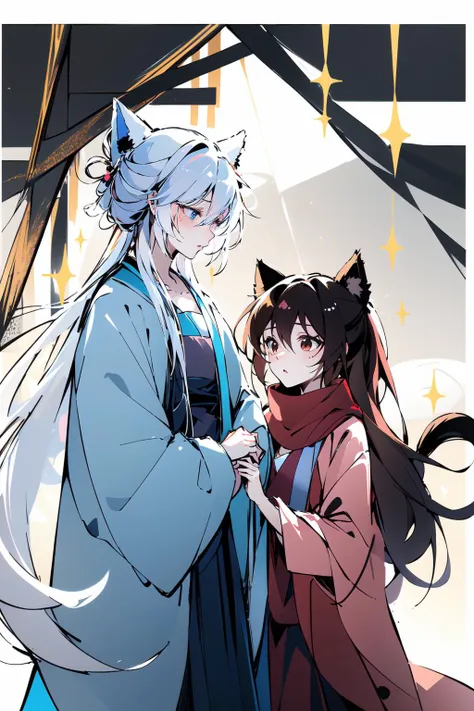 masterpiece,best quality,PIXIV,Chinese style,
fenglingyuxiu,animal ears,tail,2girls,multiple girls,blue eyes,one eye closed,long hair,brown hair,cat ears,white hair,brown eyes,cat tail,sparkle,ponytail,long sleeves,sleeves past wrists,white background,blush,wide sleeves,closed mouth,bangs,simple background,flying sweatdrops,chinese text,scarf,Chinese cloth,hair between eyes,cat girl,
<lora:fenglingyuxiu-000014:0.8>,