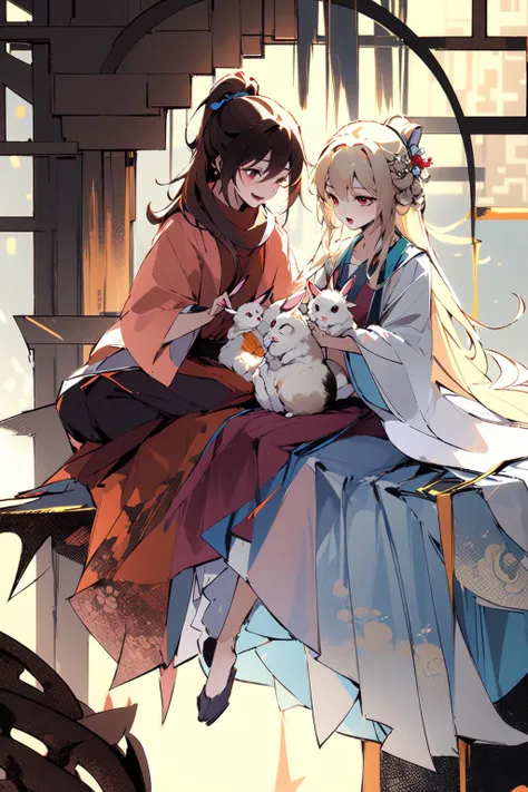 masterpiece, best quality, PIXIV,
fenglingyuxiu, rabbit, multiple girls, 2girls, long hair, brown hair, sitting, smile, ponytail, blue eyes, blonde hair, open mouth, very long hair, flower, on lap, animal, red eyes, hair ornament
<lora:fenglingyuxiu:0.8>