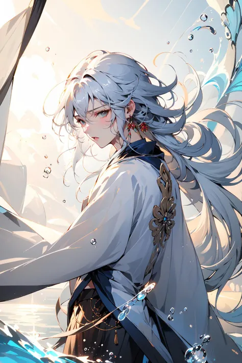 (masterpiece:1.2),best quality,Chinese style,cowboy shot,
solo,1boy,male focus,long hair,looking at viewer,parted lips,from side,bangs,white hair,jewelry,white background,water,grey hair,
