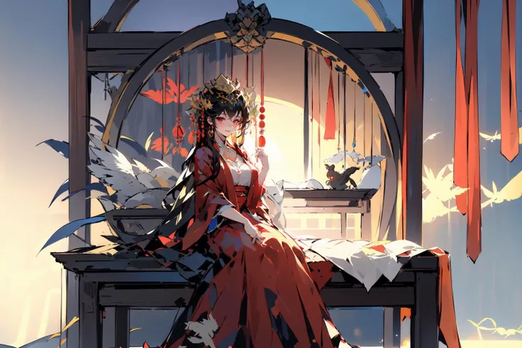 -1girl, long hair, red eyes, solo, dress, sitting, hair ornament, flower, chinese clothes, looking at viewer, hair flower, red dress, lantern, black hair, bangs, holding, very long hair, long sleeves, hat, wide sleeves, indoors, closed mouth, smile, breasts, bird,Chinese weddingdress,<lora:Chinese weddingdress-000018:0.8>