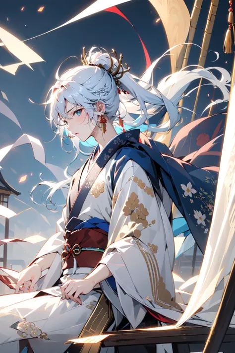 (masterpiece:1.2),best quality,Chinese style,cowboy shot,
long hair, solo, hanfu, Chinese clothes, jewelry, blue eyes, earrings, male focus, white hair, 1boy, sash, floral print, floating hair, hair ornament, long sleeves, bangs, obi, ponytail, white cloth, closed mouth,Sit, sit on the stone, bamboo forest, bamboo,